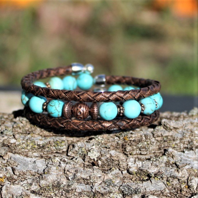 Howlite and Copper Leather Wrap Bracelet